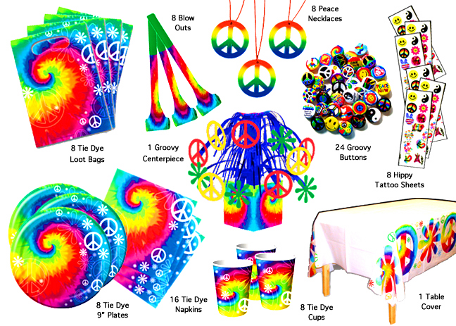 Necklaces 8 Hippy Tattoo Sheets 8 Tie Dye Loot Bags 24 Groovy Buttons Necklaces 8 Hippy Tattoo Sheets 8 Tie Dye Loot Bags 24 Groovy Buttons